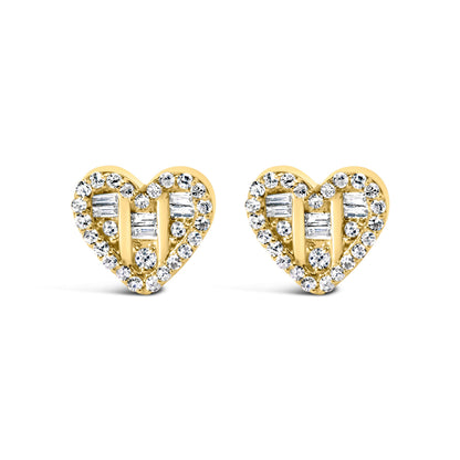 14K Yellow Gold Plated .925 Sterling Silver 1/2 Cttw Round and Baguette Diamond Composite Heart Shaped Stud Earring (I-J Color, SI2-I1 Clarity) Bids.com