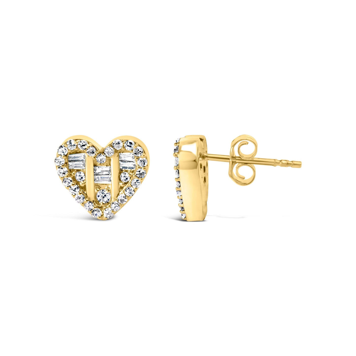 14K Yellow Gold Plated .925 Sterling Silver 1/2 Cttw Round and Baguette Diamond Composite Heart Shaped Stud Earring (I-J Color, SI2-I1 Clarity) Bids.com