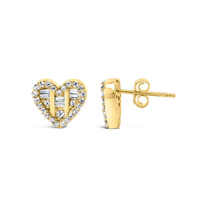 14K Yellow Gold Plated .925 Sterling Silver 1/2 Cttw Round and Baguette Diamond Composite Heart Shaped Stud Earring (I-J Color, SI2-I1 Clarity) Bids.com