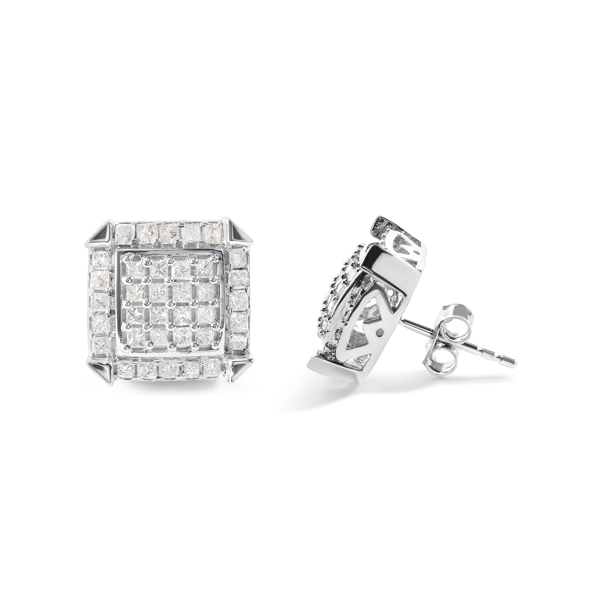 10K White Gold 1 1/10 Cttw Princess Diamond Composite and Halo Stud Earrings (I-J Color, I1-I2 Clarity) Bids.com