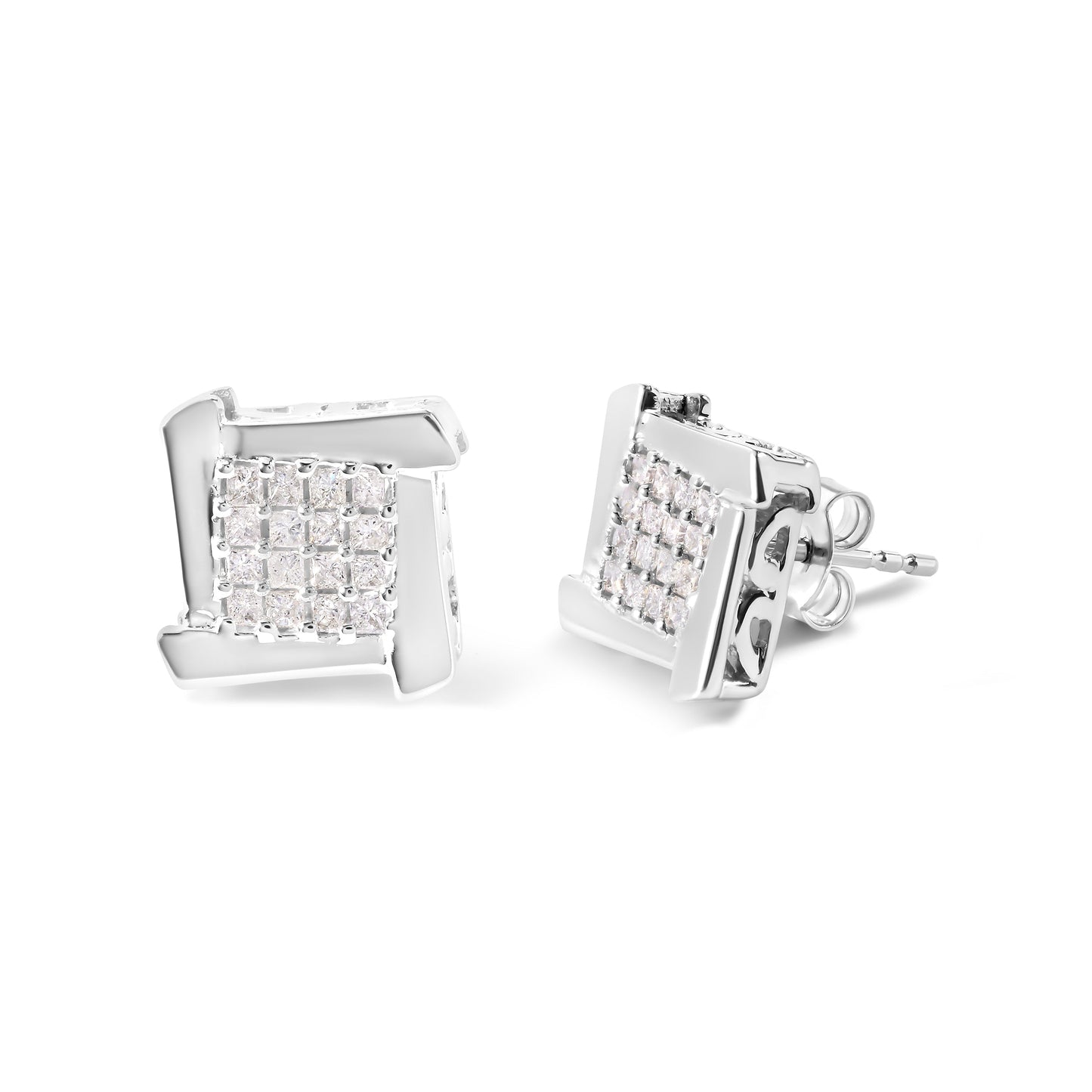 10K White Gold 1/2 Cttw Composite  Princess Diamond Square and Swirl Stud Earrings (I-J Color, I1-I2 Clarity) Bids.com