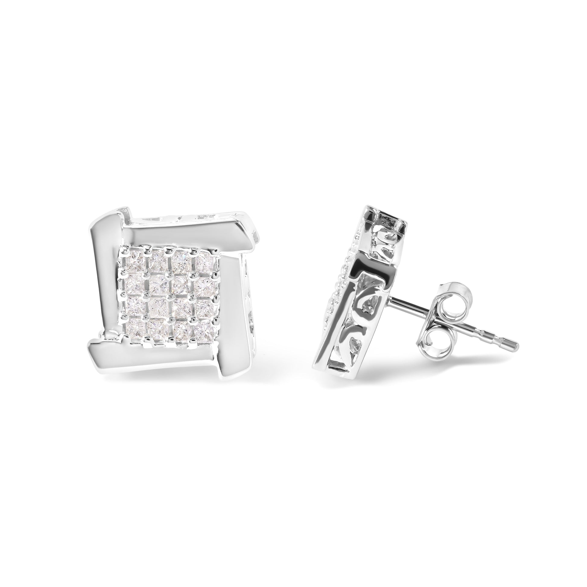 10K White Gold 1/2 Cttw Composite  Princess Diamond Square and Swirl Stud Earrings (I-J Color, I1-I2 Clarity) Bids.com