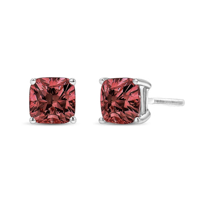 14K White Gold 1 1/2 Cttw Lab Grown Pink Cushion 4-Prong Set Classic Diamond Solitaire Stud Earrings (Pink Color, VS1-VS2 Clarity) Bids.com