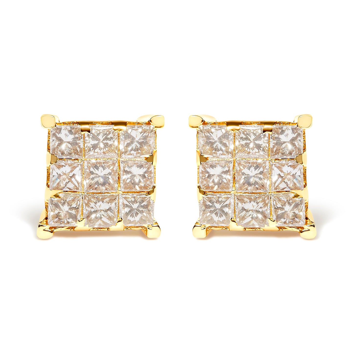 14K Yellow Gold 1 1/2 Cttw Invisible Set Princess-Cut Diamond 9 Stone Square Stud Earrings (J-K Color, SI2-I1 Clarity) Bids.com