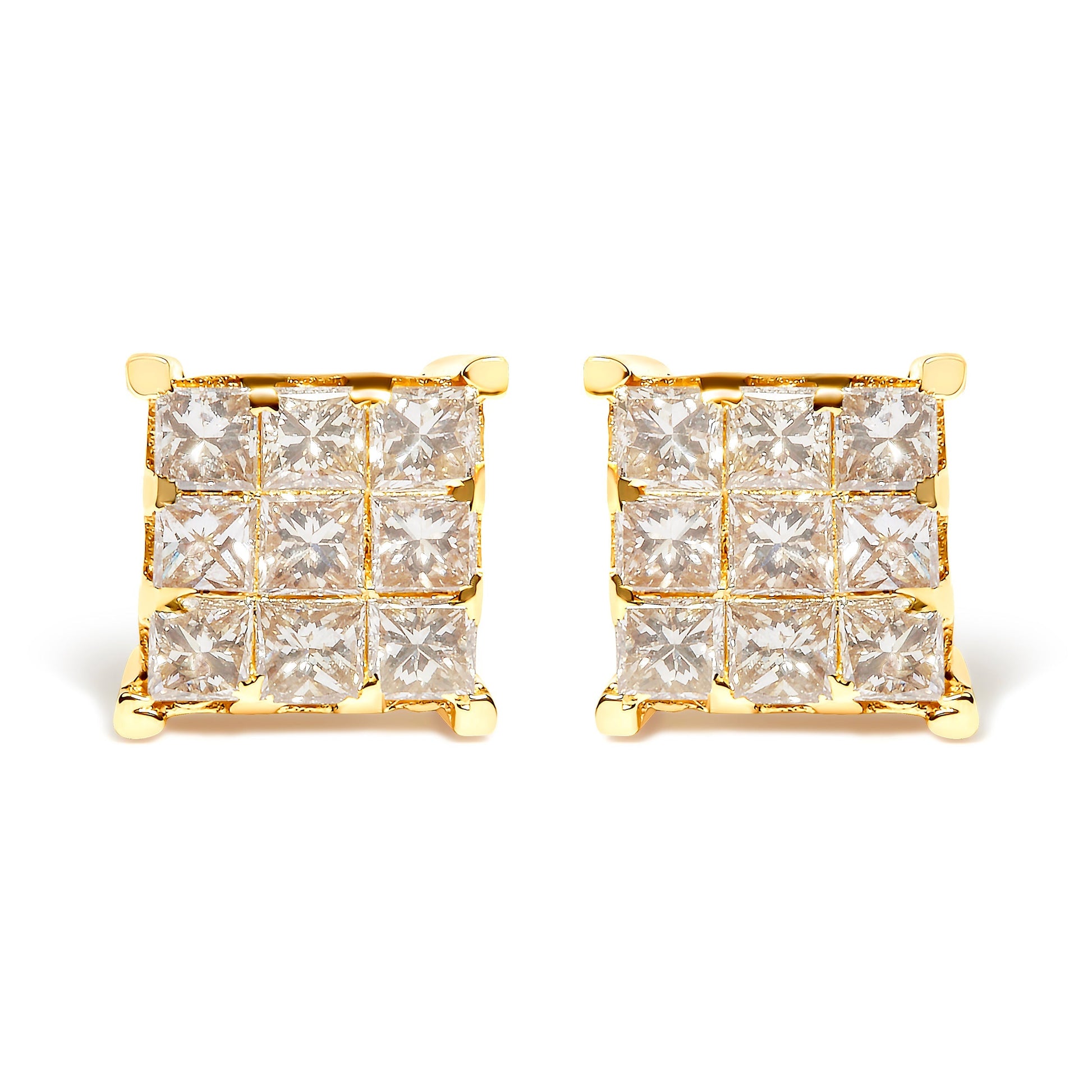 14K Yellow Gold 1 1/2 Cttw Invisible Set Princess-Cut Diamond 9 Stone Square Stud Earrings (J-K Color, SI2-I1 Clarity) Bids.com