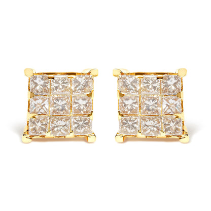 14K Yellow Gold 1 1/2 Cttw Invisible Set Princess-Cut Diamond 9 Stone Square Stud Earrings (J-K Color, SI2-I1 Clarity) Bids.com