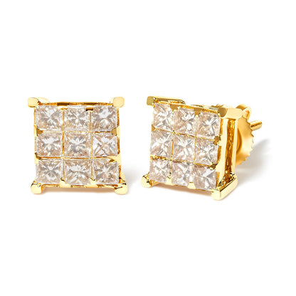 14K Yellow Gold 1 1/2 Cttw Invisible Set Princess-Cut Diamond 9 Stone Square Stud Earrings (J-K Color, SI2-I1 Clarity) Bids.com