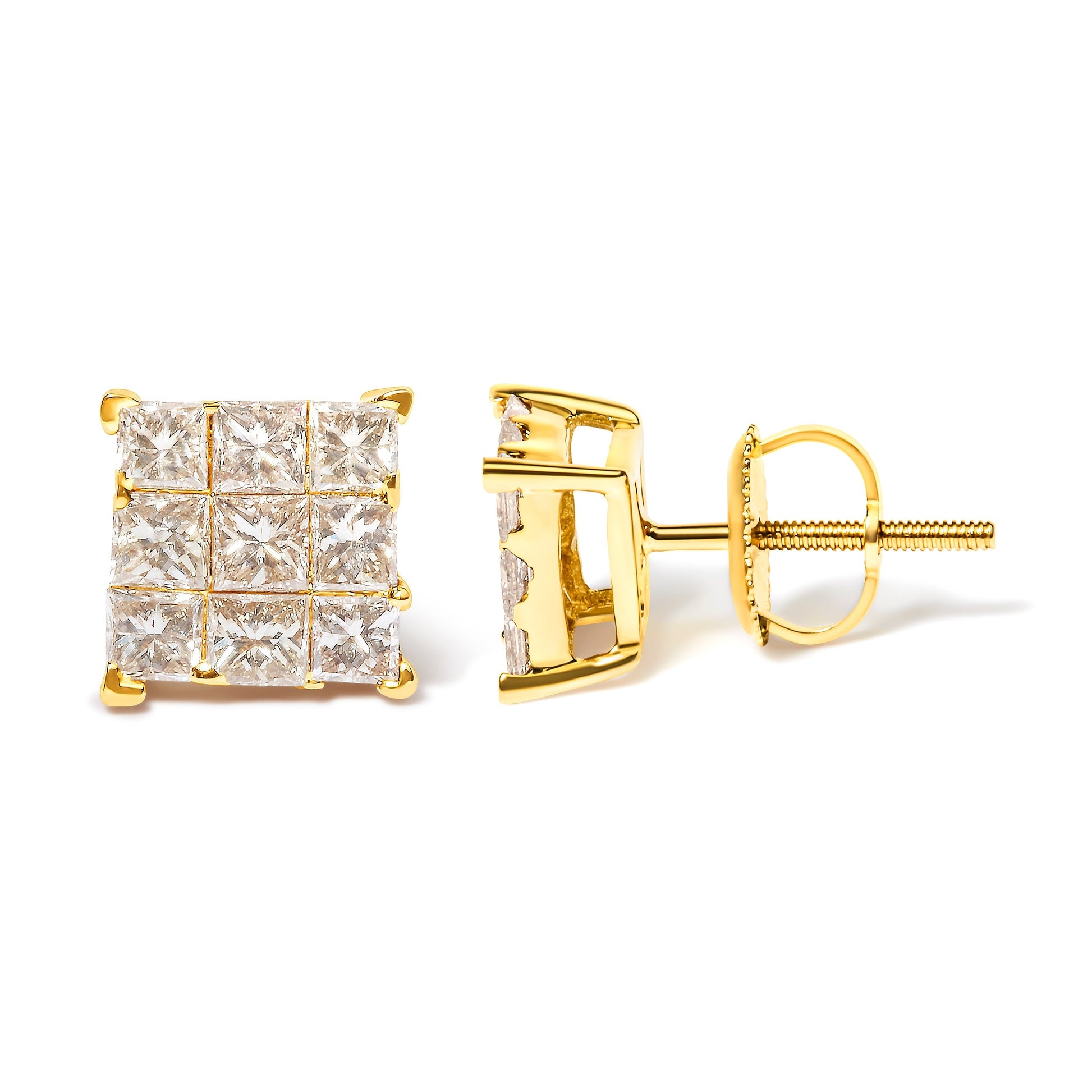 14K Yellow Gold 1 1/2 Cttw Invisible Set Princess-Cut Diamond 9 Stone Square Stud Earrings (J-K Color, SI2-I1 Clarity) Bids.com