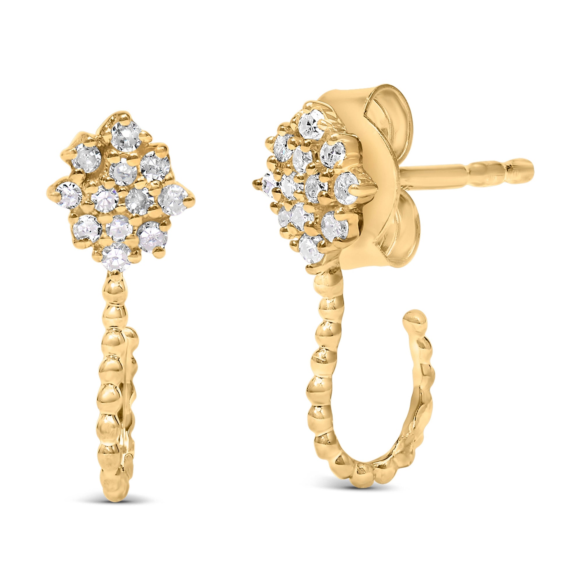 14K Yellow Gold Plated .925 Sterling Silver 1/10 Cttw Diamond Floral Cluster and Beaded Hoop Stud Earrings (H-I Color, I1-I2 Clarity) Bids.com