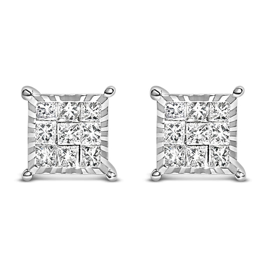 Sterling Silver 1/2 Cttw Princess Diamond Composite Square Stud Earrings Bids.com