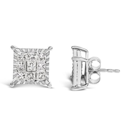 Sterling Silver 1.0 Cttw Princess Diamond Composite Square Stud Earrings Bids.com