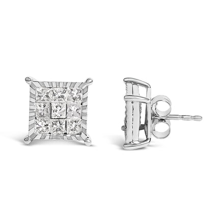 Sterling Silver 1.0 Cttw Princess Diamond Composite Square Stud Earrings Bids.com