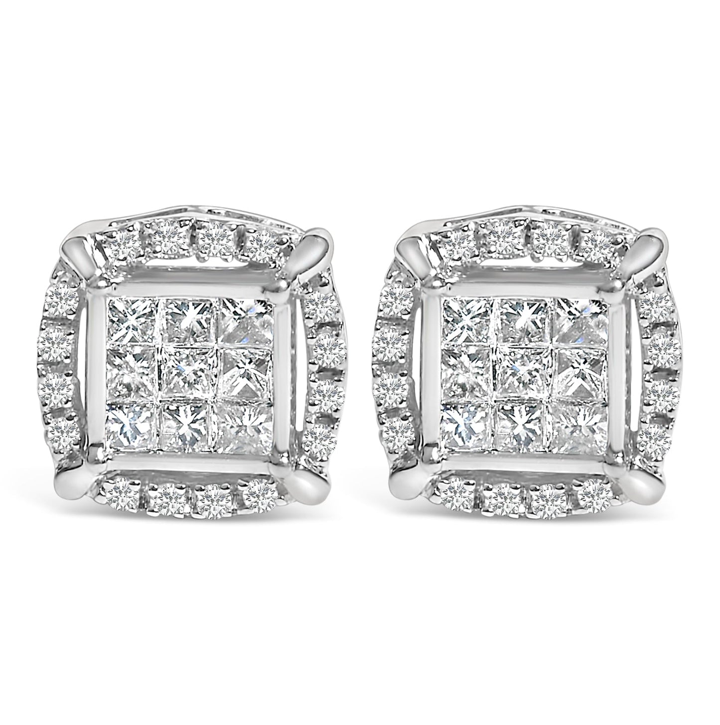 Sterling Silver 1/2 Cttw Princess Cut Diamond Composite and Halo Stud Earrings Bids.com