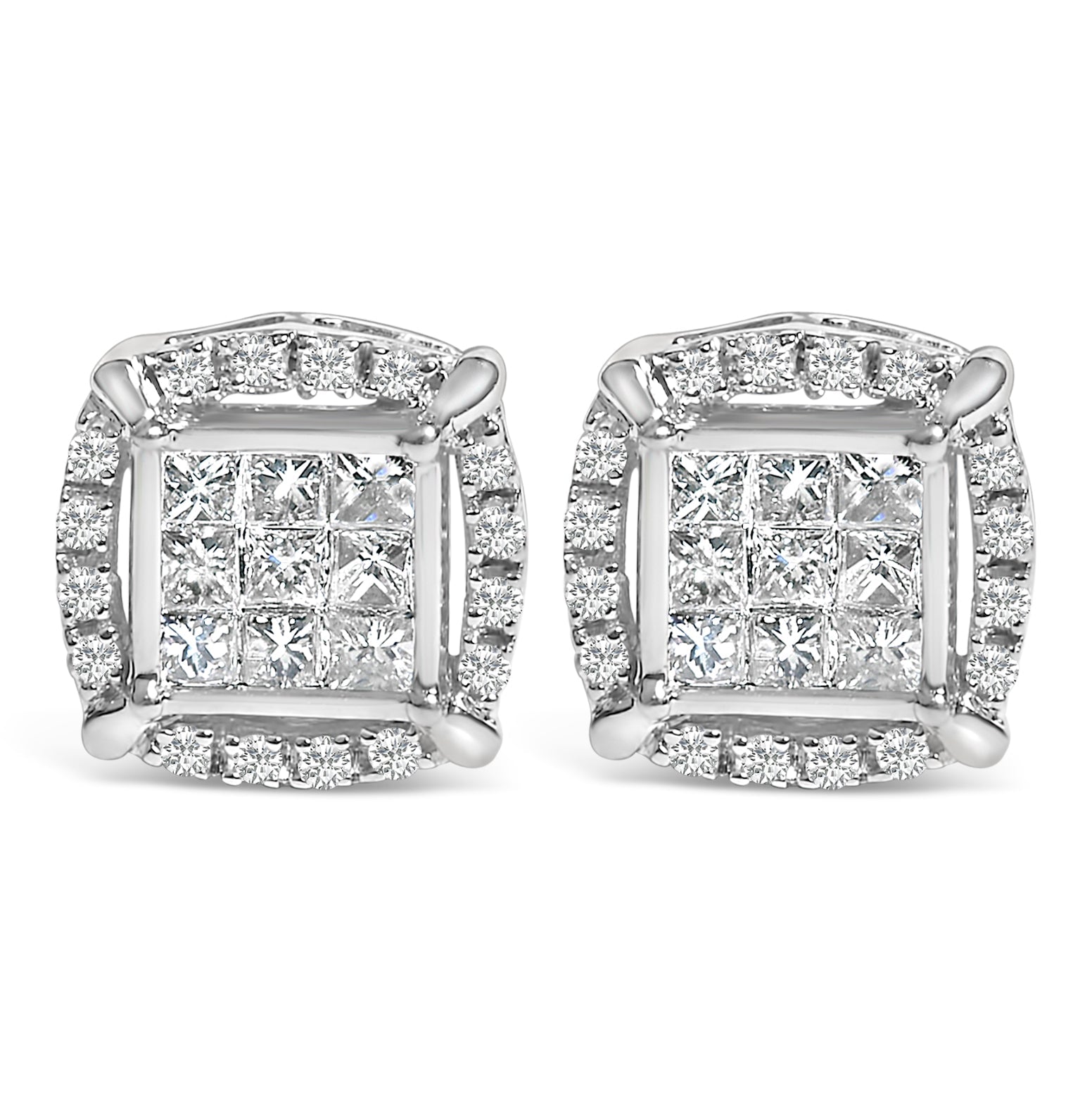 Sterling Silver 1/2 Cttw Princess Cut Diamond Composite and Halo Stud Earrings Bids.com