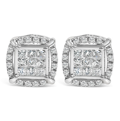 Sterling Silver 1/2 Cttw Princess Cut Diamond Composite and Halo Stud Earrings Bids.com