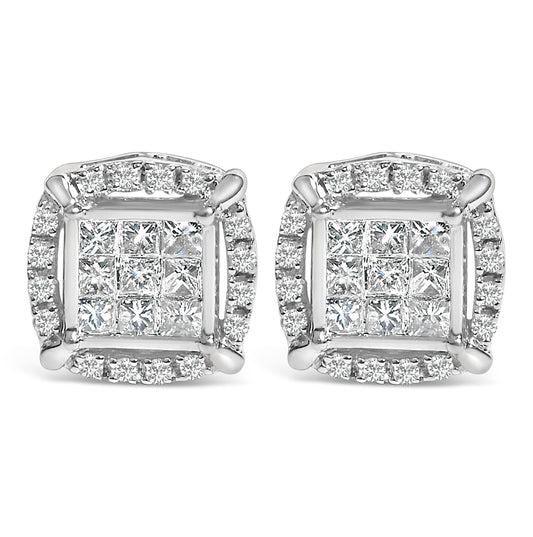 Sterling Silver 1/2 Cttw Princess Cut Diamond Composite and Halo Stud Earrings Bids.com