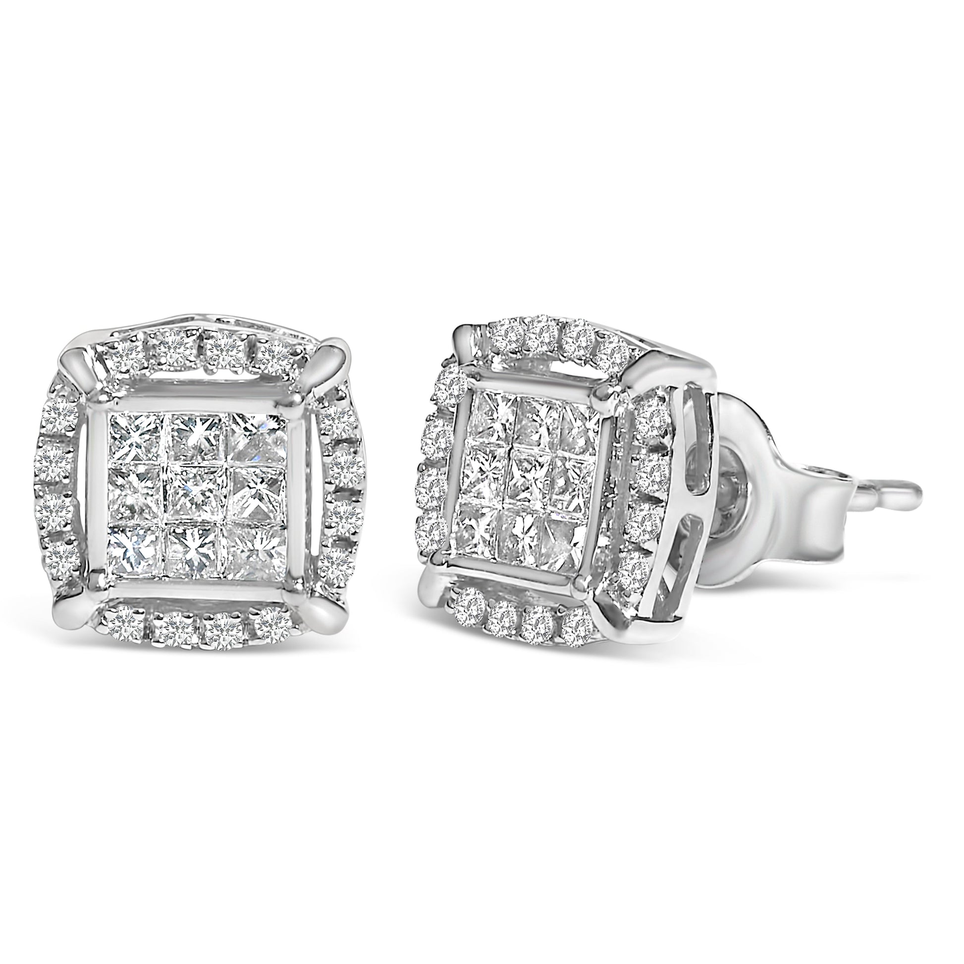 Sterling Silver 1/2 Cttw Princess Cut Diamond Composite and Halo Stud Earrings Bids.com