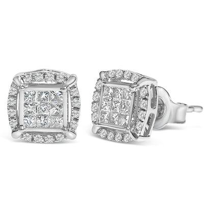 Sterling Silver 1/2 Cttw Princess Cut Diamond Composite and Halo Stud Earrings Bids.com