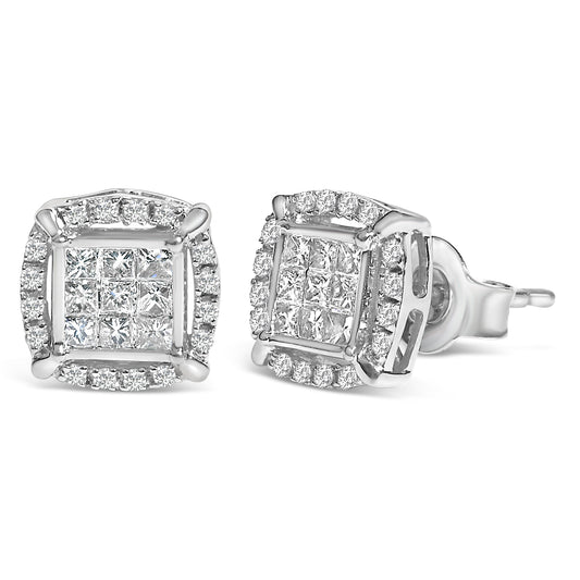 Sterling Silver 1/2 Cttw Princess Cut Diamond Composite and Halo Stud Earrings Bids.com