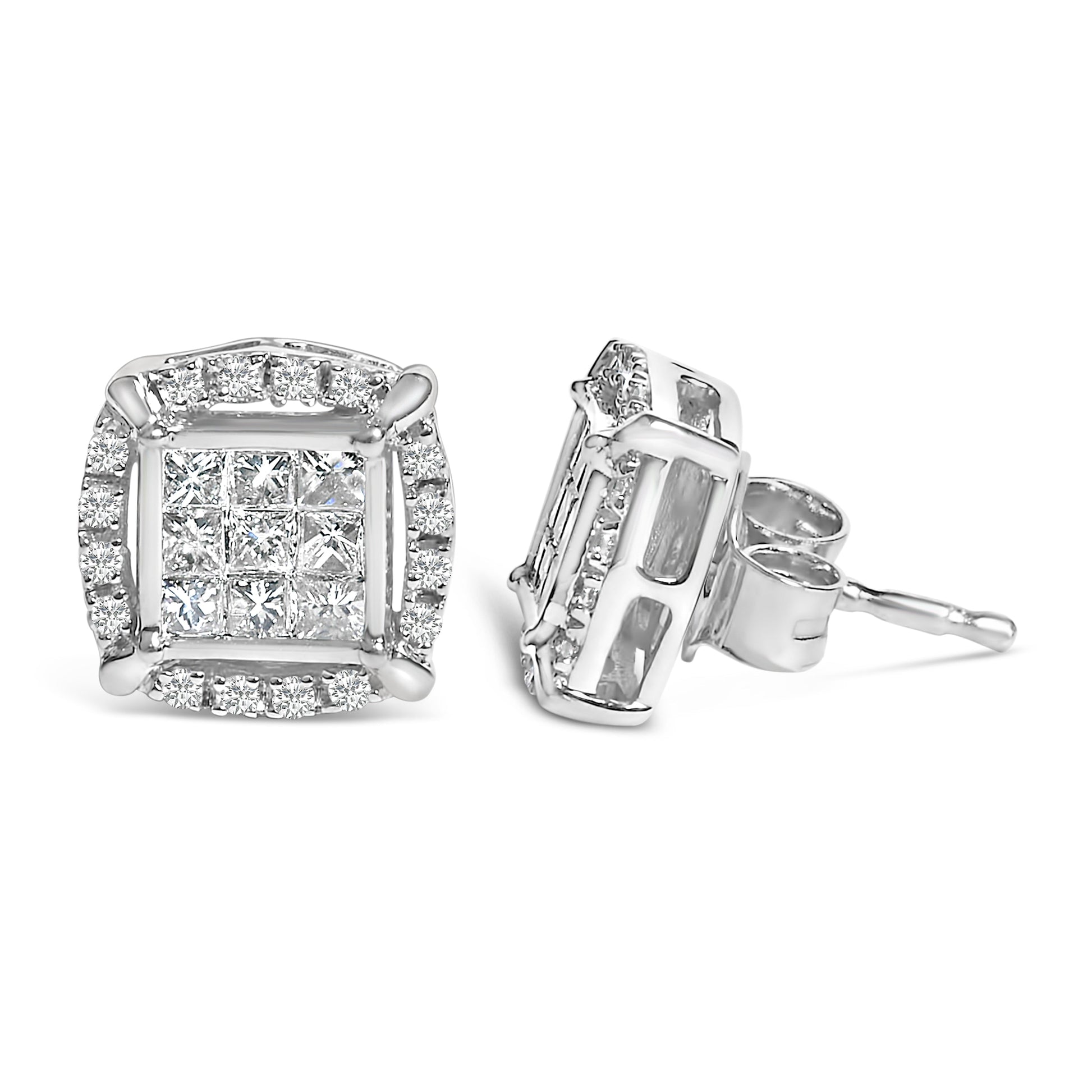 Sterling Silver 1/2 Cttw Princess Cut Diamond Composite and Halo Stud Earrings Bids.com