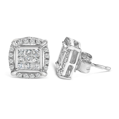 Sterling Silver 1/2 Cttw Princess Cut Diamond Composite and Halo Stud Earrings Bids.com