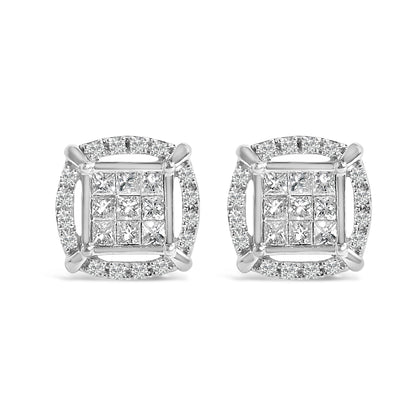 Sterling Silver 1 Cttw Princess Cut Diamond Square Halo Stud Earrings Bids.com