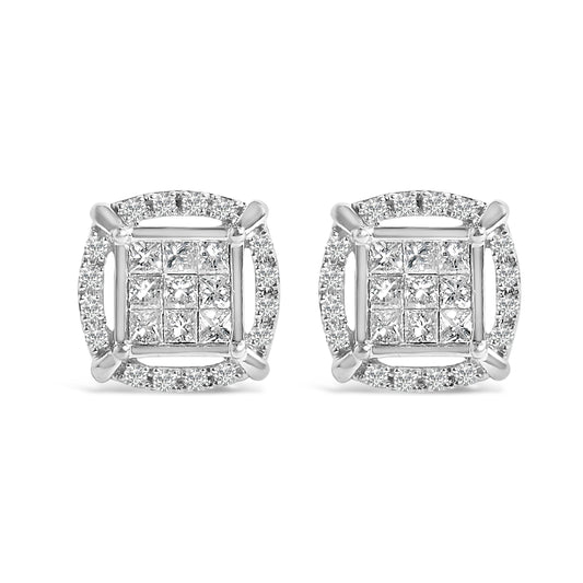 Sterling Silver 1 Cttw Princess Cut Diamond Square Halo Stud Earrings Bids.com