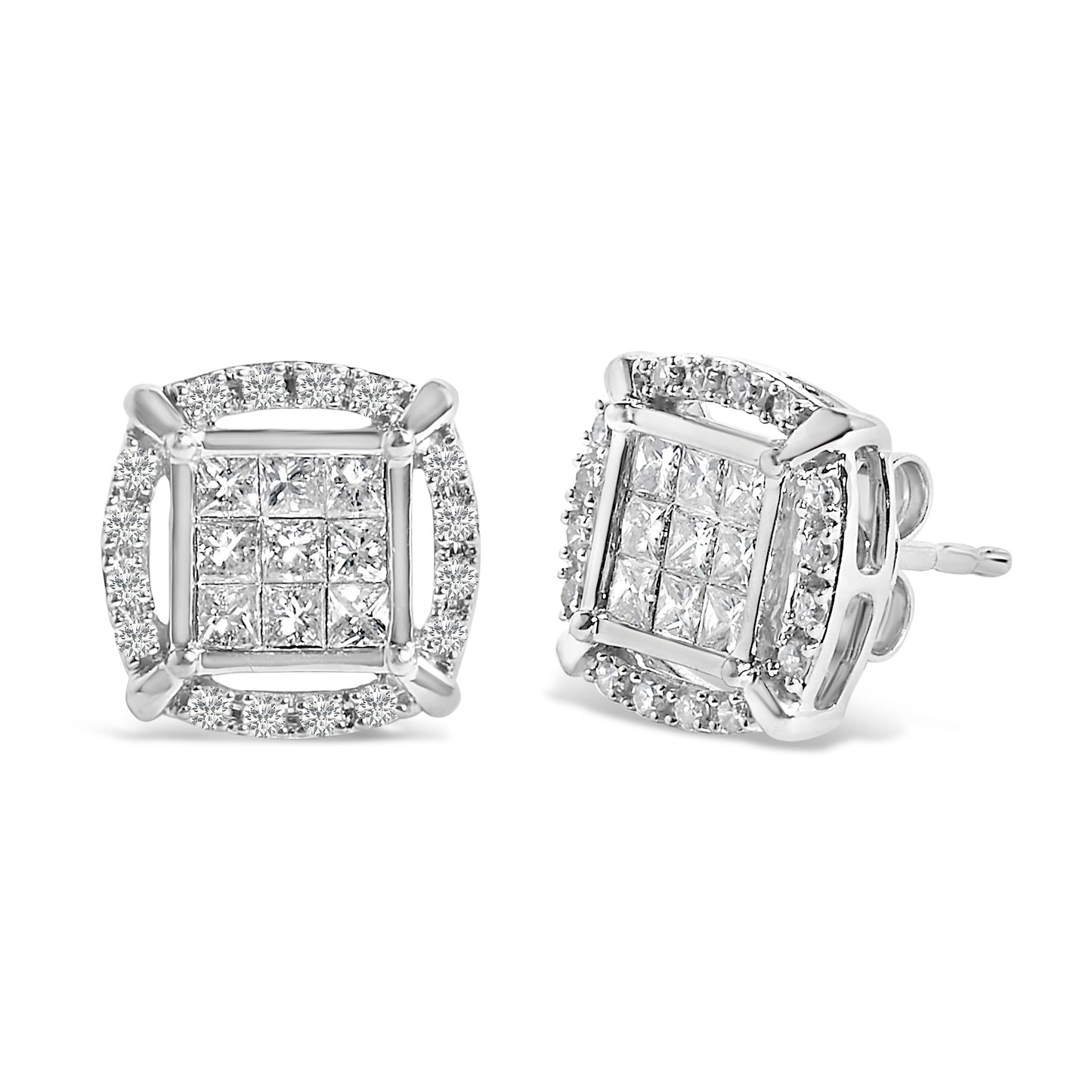 Sterling Silver 1 Cttw Princess Cut Diamond Square Halo Stud Earrings Bids.com