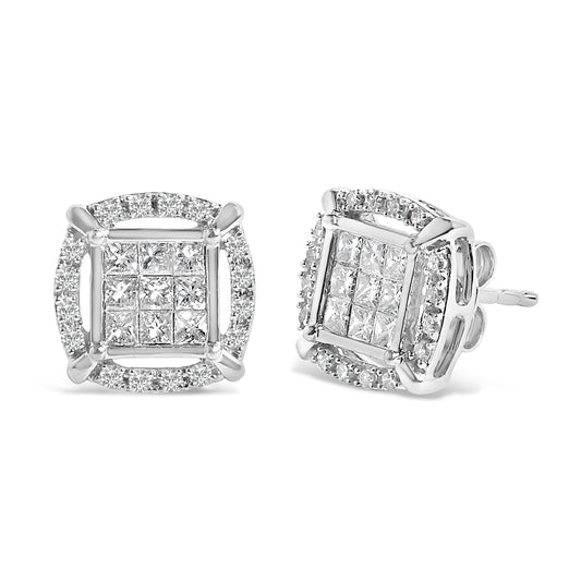 Sterling Silver 1 Cttw Princess Cut Diamond Square Halo Stud Earrings Bids.com