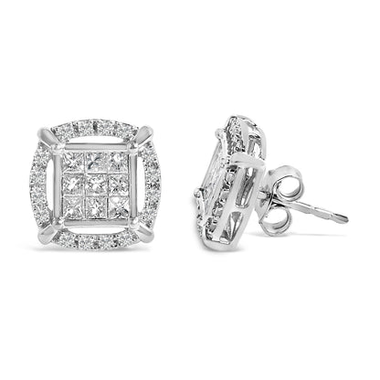 Sterling Silver 1 Cttw Princess Cut Diamond Square Halo Stud Earrings Bids.com