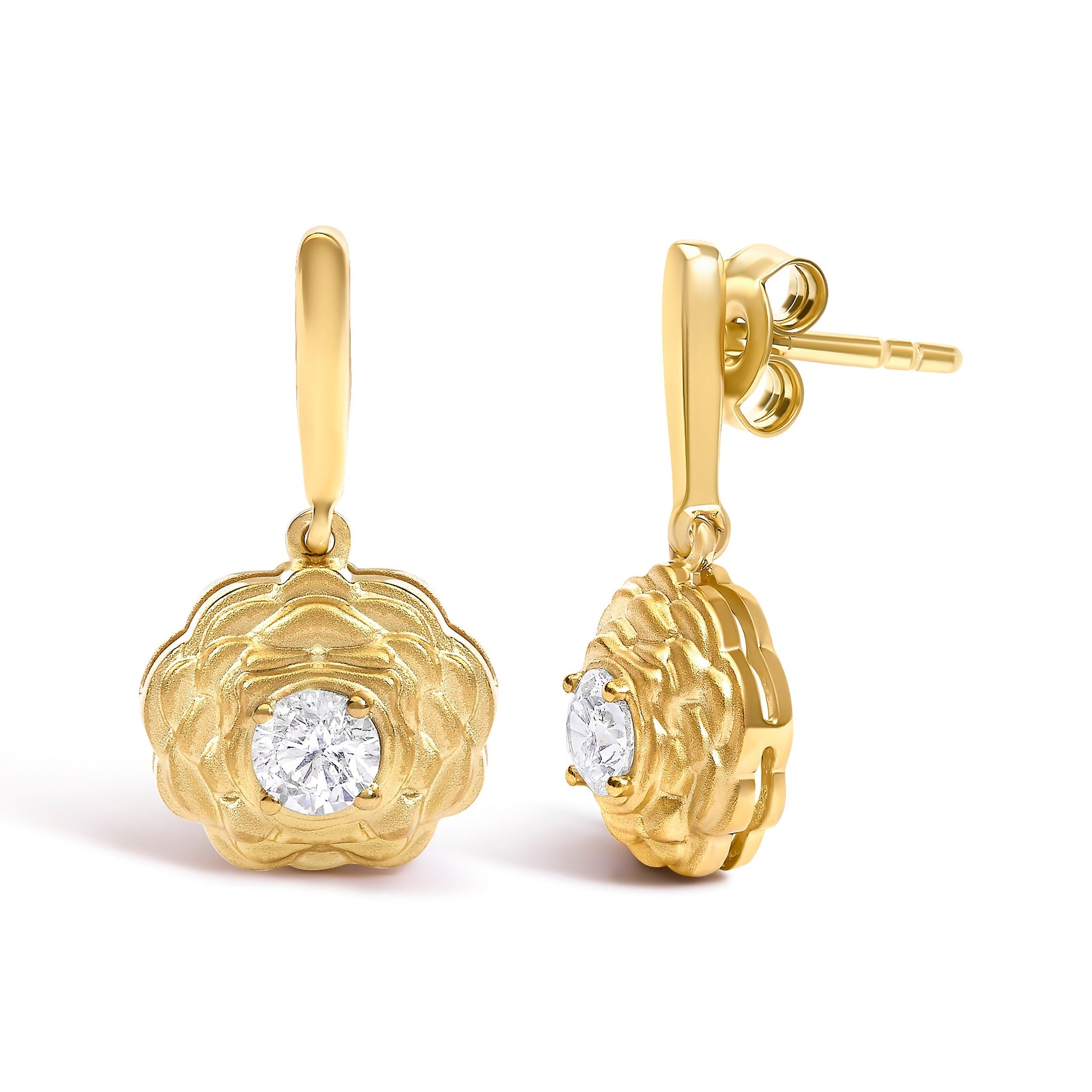 14K Yellow Gold Plated Sterling Silver 5/8 Cttw Lab Grown Diamond Flower Drop Earrings Bids.com