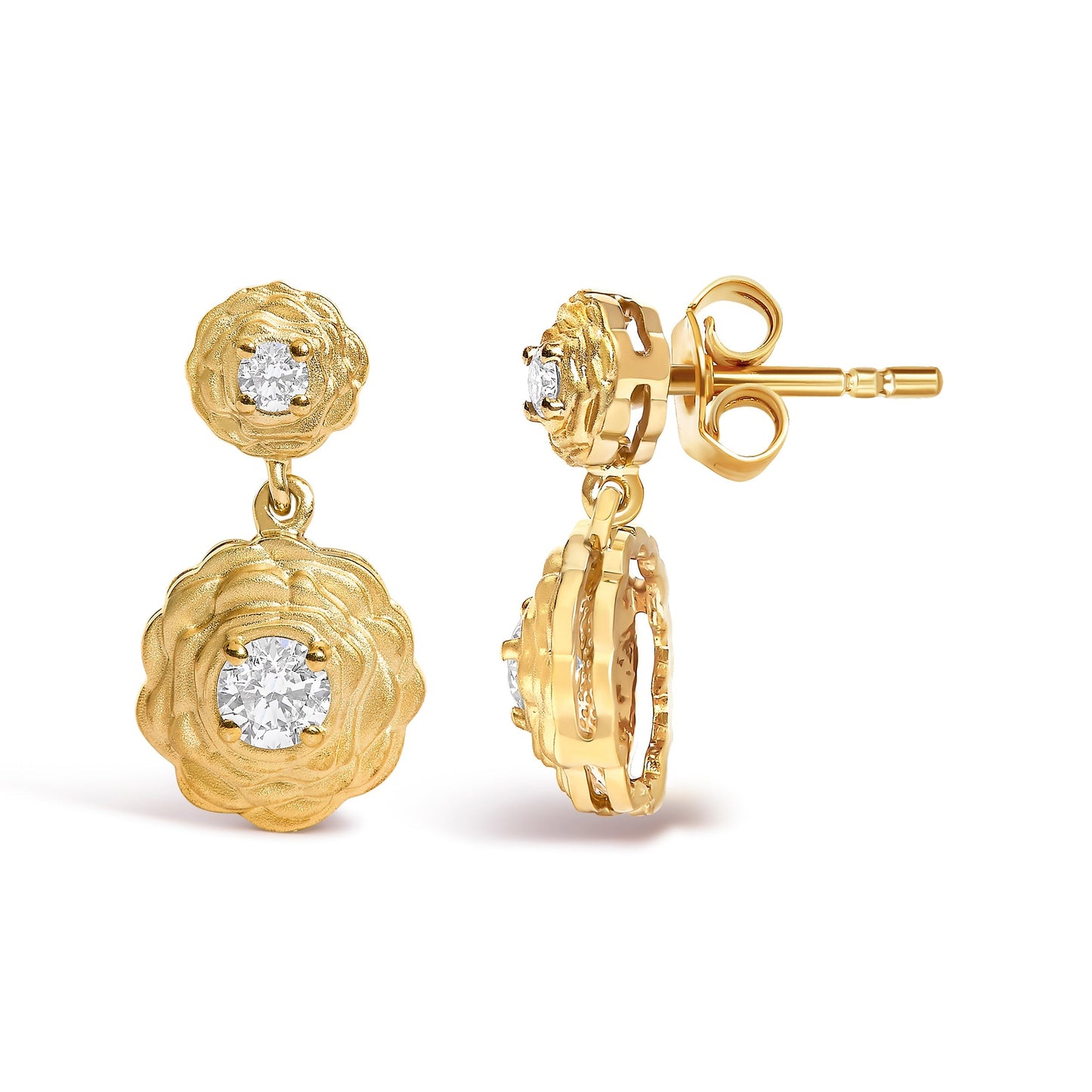 14K Yellow Gold Plated Sterling Silver 1/2 Cttw Lab Grown Diamond Rose Motif Drop Earrings Bids.com
