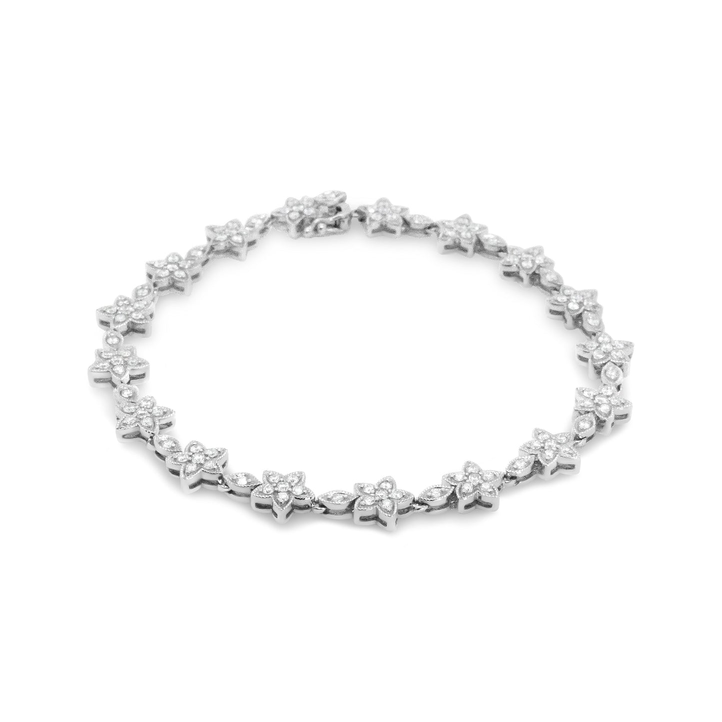 14K White Gold 1 1/5 Cttw Round Diamond Flower Blossom Link Bracelet (H-I Color, SI1-SI2 Clarity) - Size 7" Bids.com