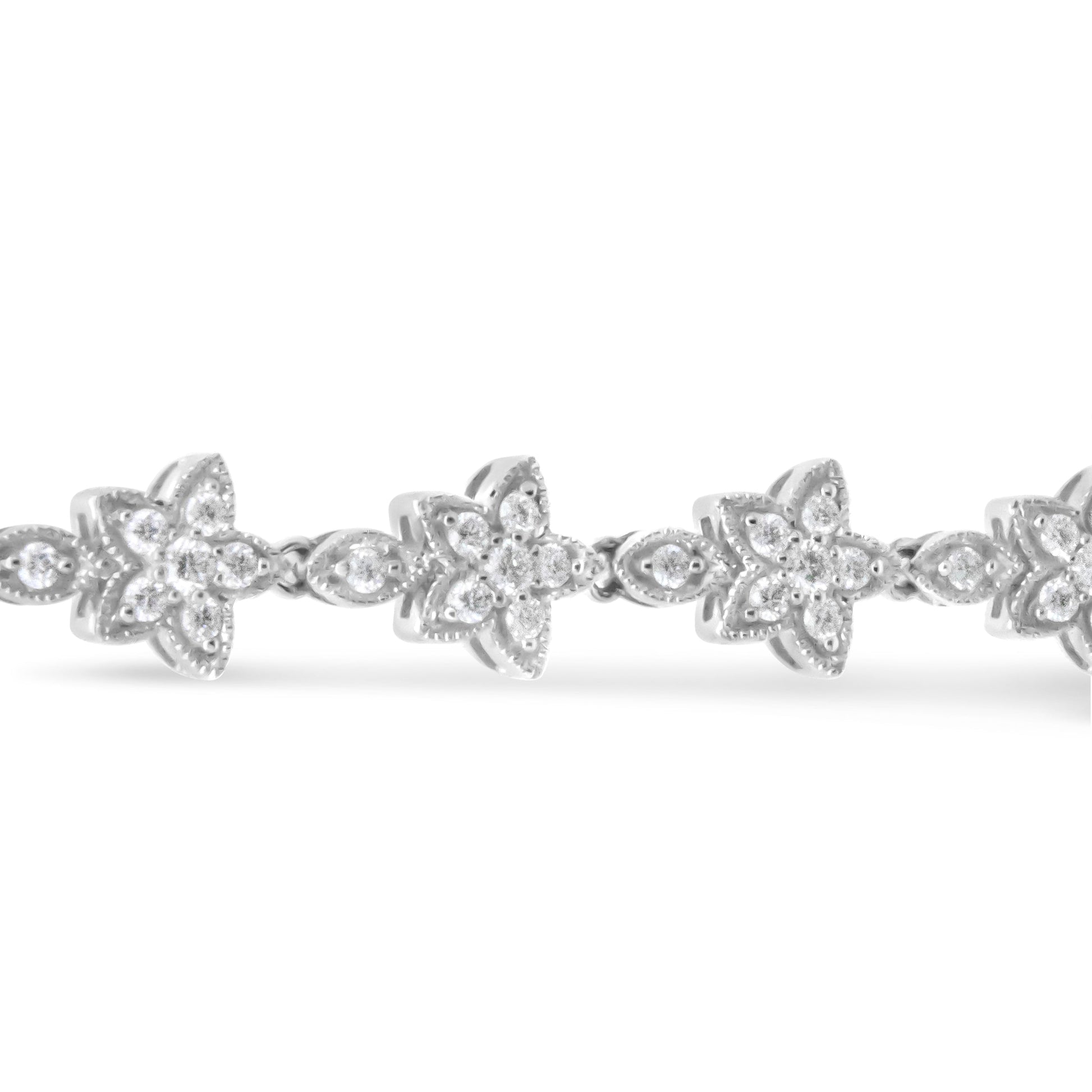 14K White Gold 1 1/5 Cttw Round Diamond Flower Blossom Link Bracelet (H-I Color, SI1-SI2 Clarity) - Size 7" Bids.com