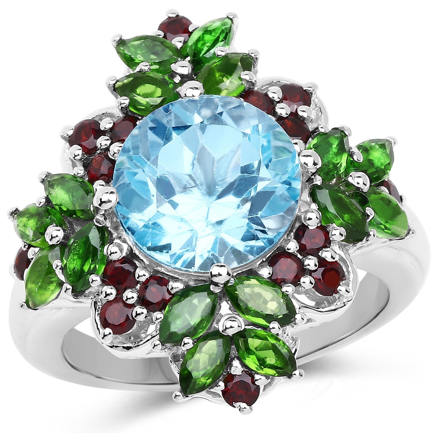 5.76 Carat Genuine Blue Topaz, Chrome Diopside & Garnet .925 Sterling Silver Ring Bids.com