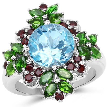 5.76 Carat Genuine Blue Topaz, Chrome Diopside & Garnet .925 Sterling Silver Ring Bids.com