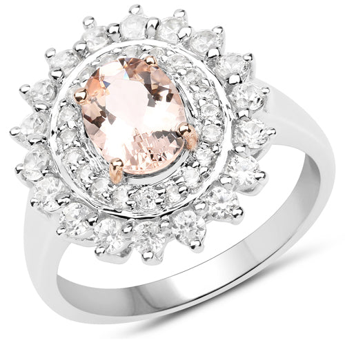 Two Tone Plated 2.30 Carat Genuine Pink Morganite and White Zircon .925 Sterling Silver Ring Bids.com