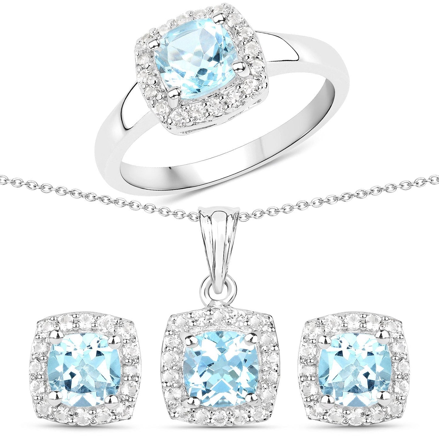 4.62 Carat Genuine Blue Topaz and White Topaz .925 Sterling Silver 3 Piece Jewelry Set (Ring, Earrings, and Pendant w/ Chain) Bids.com