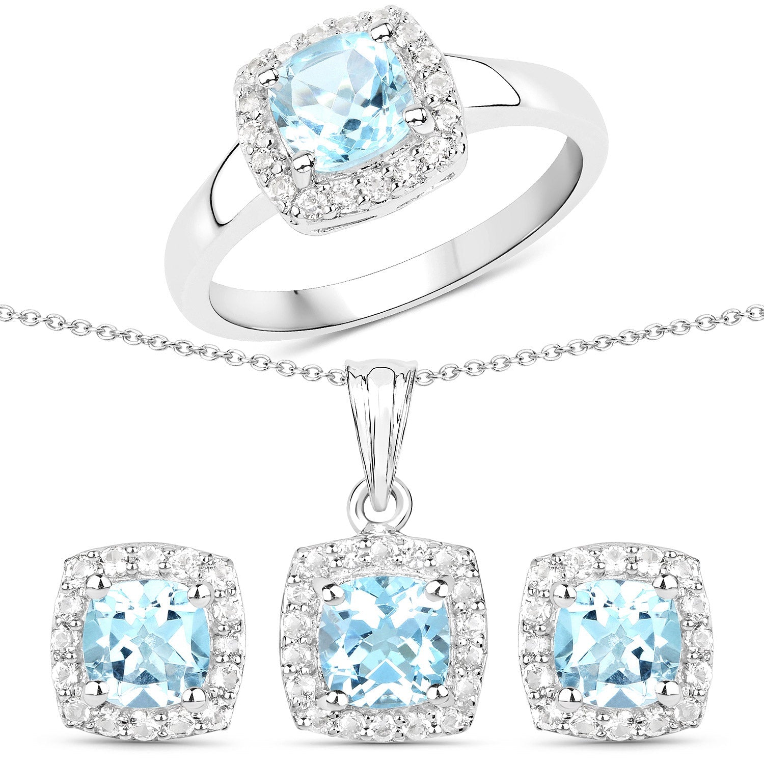 4.62 Carat Genuine Blue Topaz and White Topaz .925 Sterling Silver 3 Piece Jewelry Set (Ring, Earrings, and Pendant w/ Chain) Bids.com