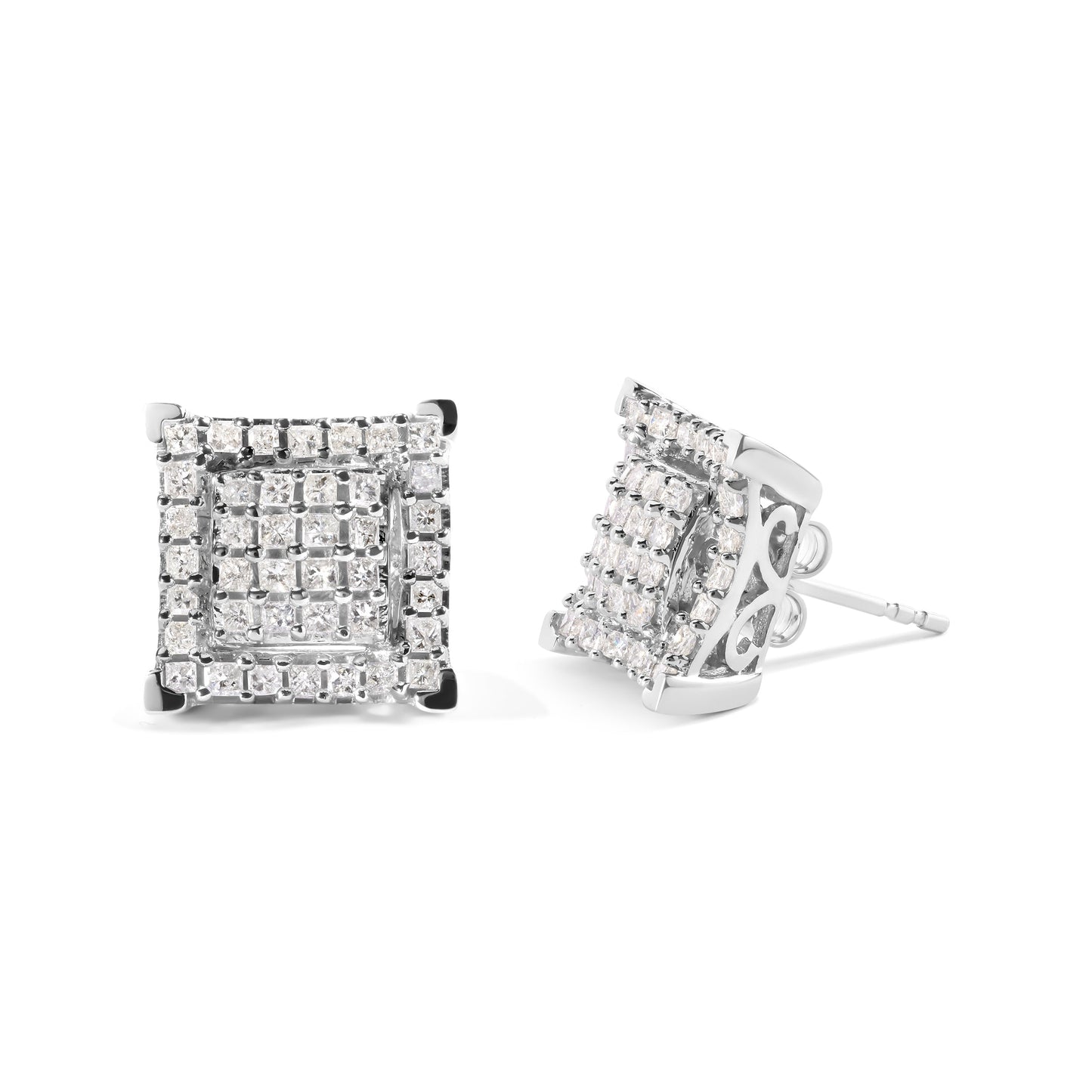 10K White Gold 1 1/4 Cttw Princess Diamond Composite Double Square and Halo Stud Earrings (I-J Color, I1-I2 Clarity) Bids.com