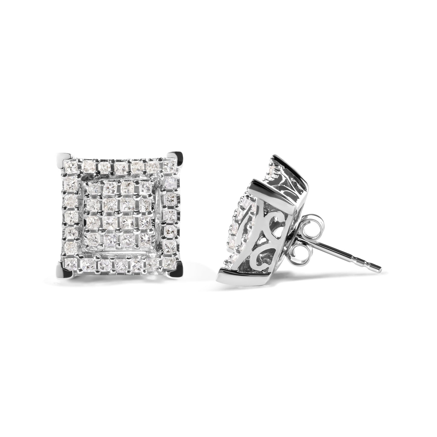 10K White Gold 1 1/4 Cttw Princess Diamond Composite Double Square and Halo Stud Earrings (I-J Color, I1-I2 Clarity) Bids.com