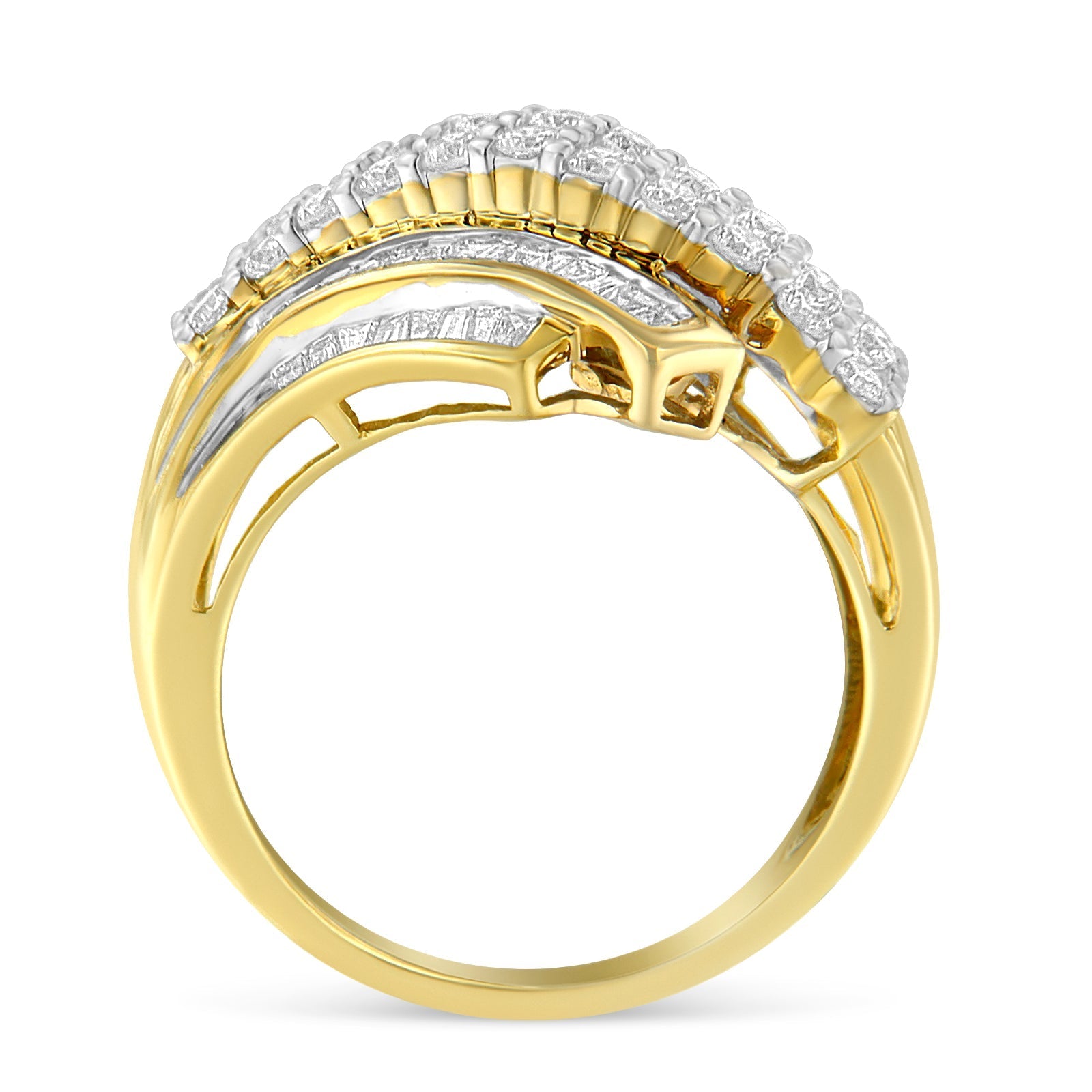10K Yellow Gold 1.0 Cttw Round & Baguette Cut Diamond 64 Stone Bypass Style Channel Set Modern Statement Ring (H-I Color, SI1-SI2 Clarity) - Size 6 Bids.com