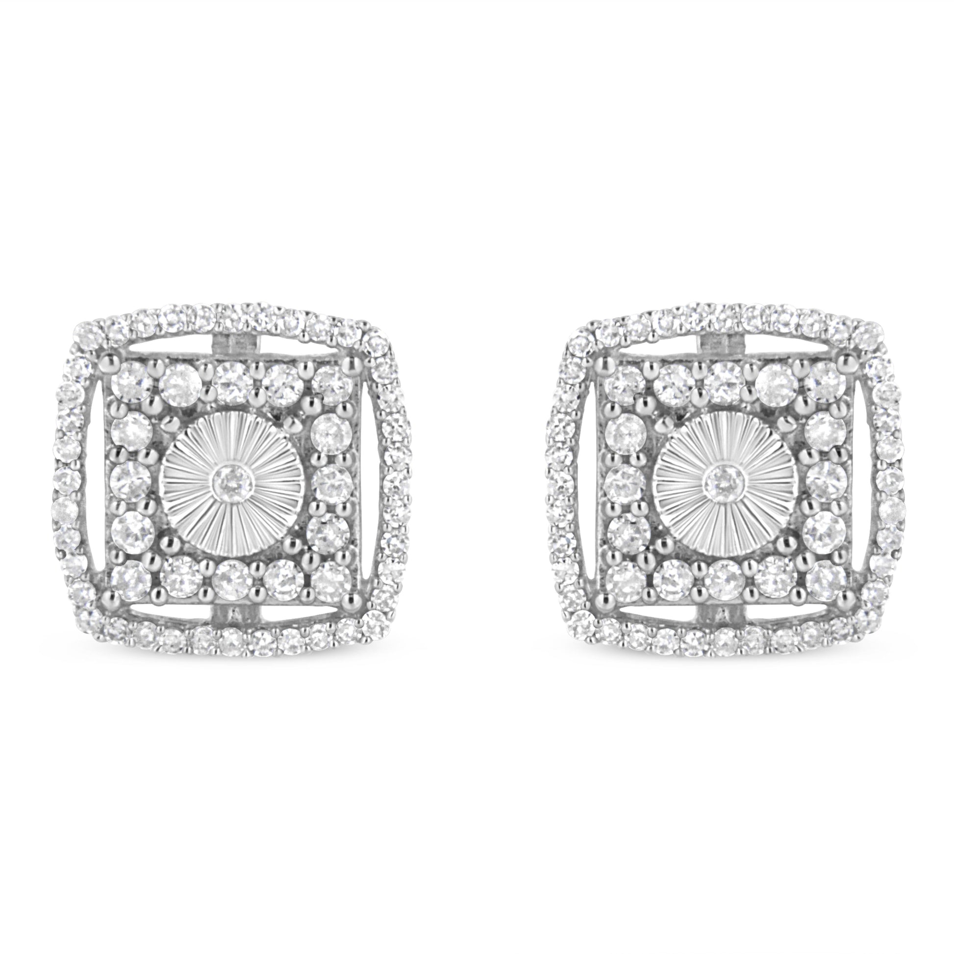 .925 Sterling Silver 1.0 Cttw Round Diamond Double Halo and Disc Stud Earring (I-J Color, I2-I3 Clarity) Bids.com