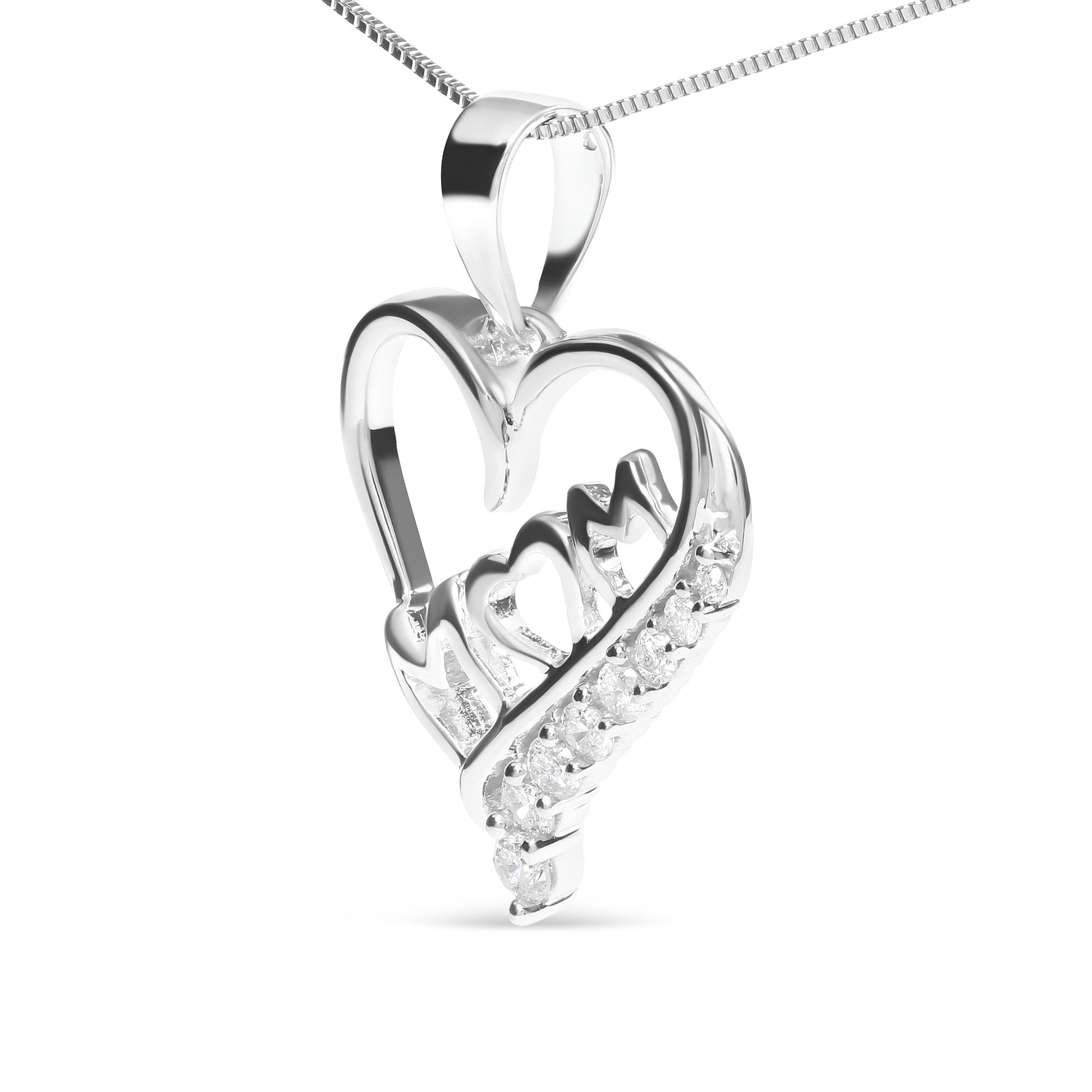 .925 Sterling Silver 1/4 Cttw Diamond  "Mom" and Open Heart 18" Pendant Necklace (I-J Color, I2-I3 Clarity) Bids.com