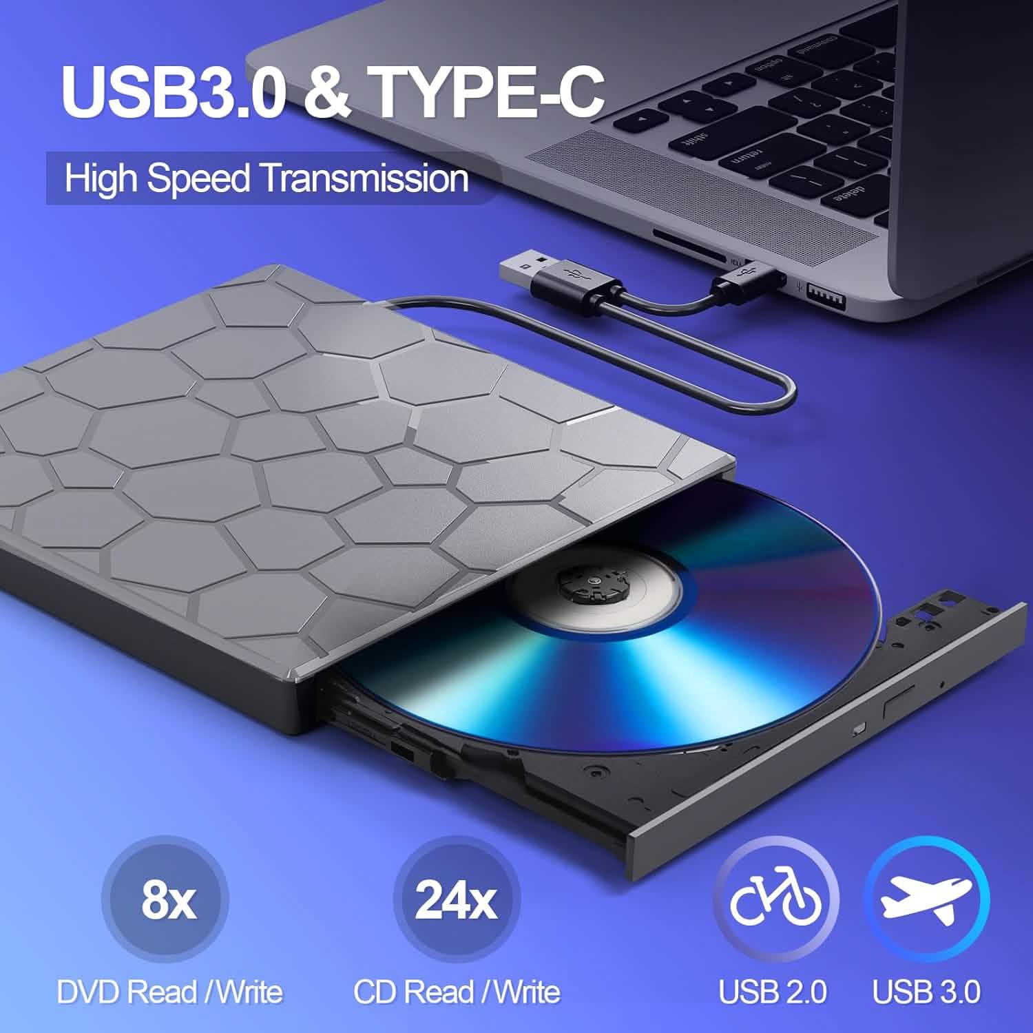 High-Speed USB 3.0 External CD/DVD Drive with Burner – Plug & Play, Windows & Mac Compatible DailySale