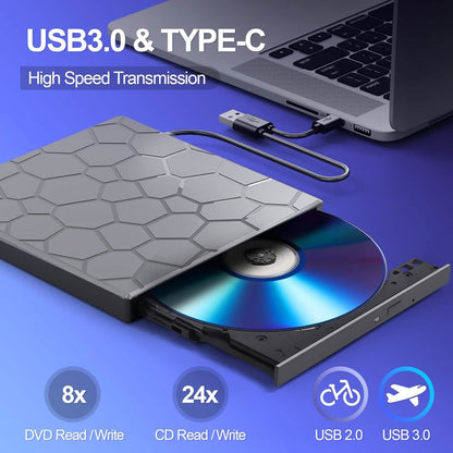High-Speed USB 3.0 External CD/DVD Drive with Burner – Plug & Play, Windows & Mac Compatible DailySale