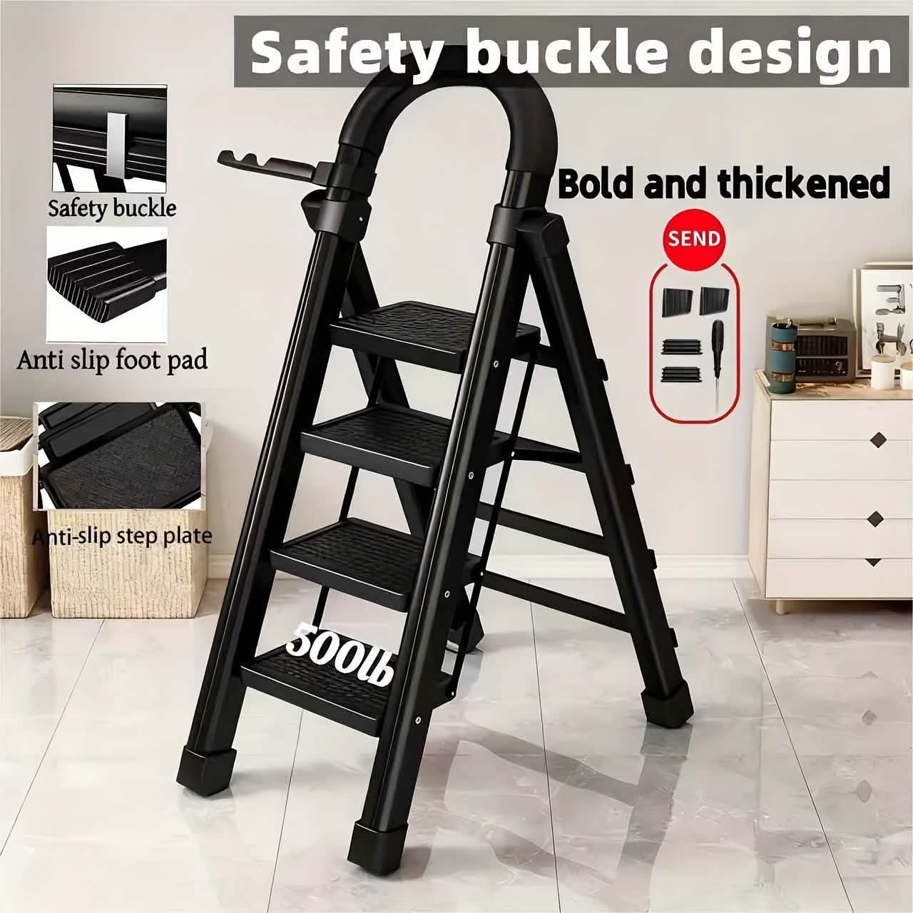 Folding 3/4-Step Ladder – Portable Steel Step Stool, Anti-Slip DailySale