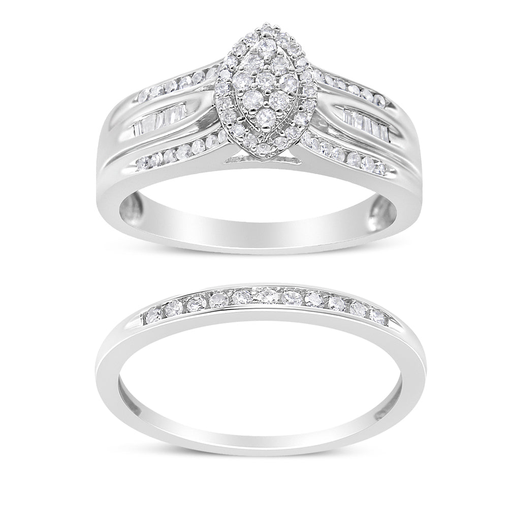 .925 Sterling Silver 1/2 Cttw Round and Baguette-Cut Diamond Engagement Bridal Set (I-J Color, I1-I2 Clarity) - Size 7 Bids.com