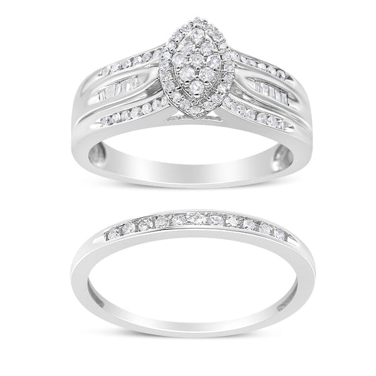 .925 Sterling Silver 1/2 Cttw Round and Baguette-Cut Diamond Engagement Bridal Set (I-J Color, I1-I2 Clarity) - Size 7 Bids.com