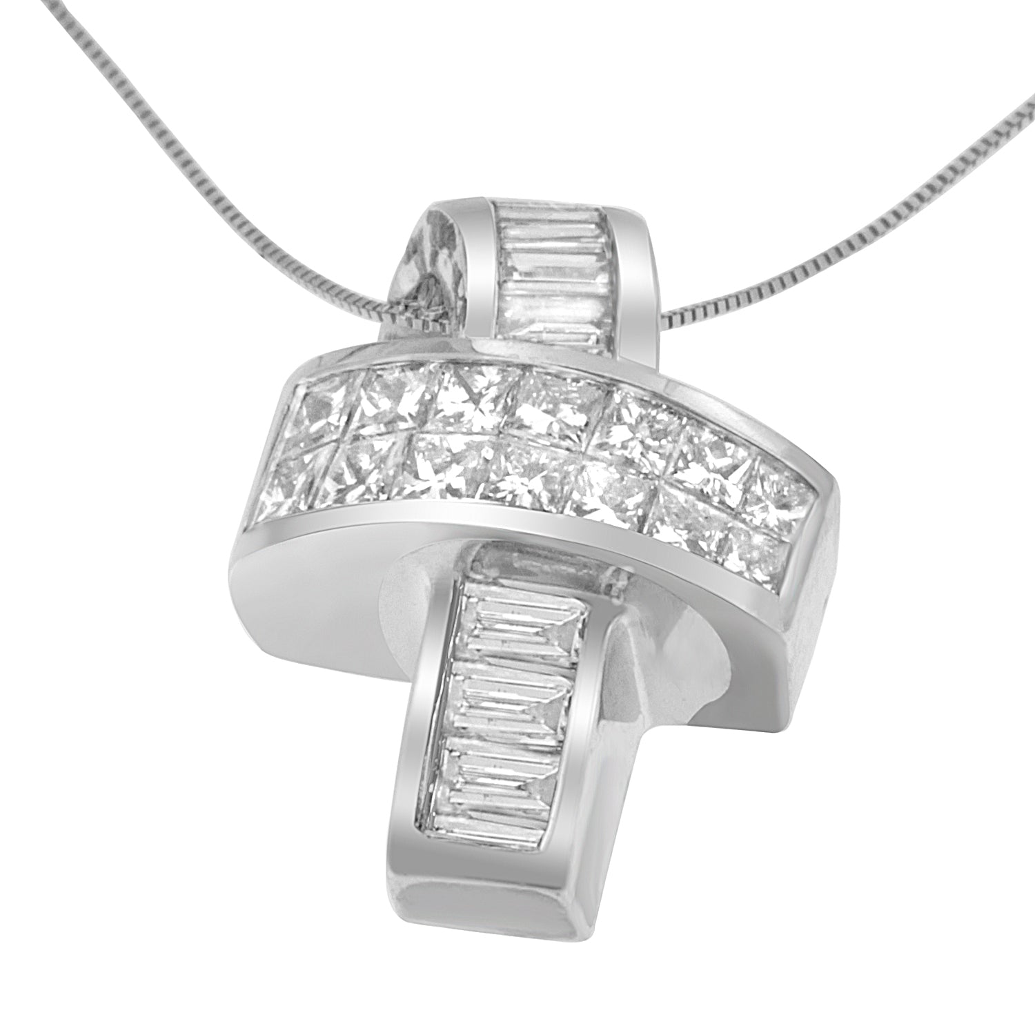 14K White Gold 2 cttw Princess and Baguette Cut Diamond Ribbon Pendant Necklace (H-I, SI-SI2) Bids.com